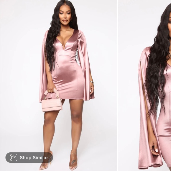 Satin Rose Gold Mini Dress. Long Sleeve, Deep V dress (stretchy material).